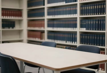 A clean, modern legal library with organized books on shelves and a large table, shot in soft focus. The scene uses dark navy and soft off-white colors.