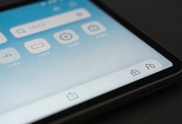 A detailed photography shot of a vibrant OLED display on a device showing a clean, modern interface with soft blue and grey colors.