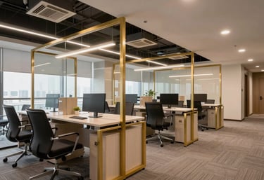 A stylish commercial office interior in Indirapuram with ergonomic charcoal chairs, gold-framed glass partitions, and modern false ceiling lighting.