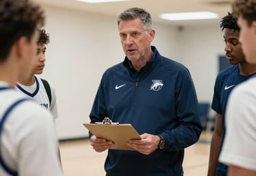 A crisp photograph of a collegiate coach wearing a professional navy blue team jacket, holding a clipboard and talking to student-athletes in a bright arena hallway, North American / US Southern setting.