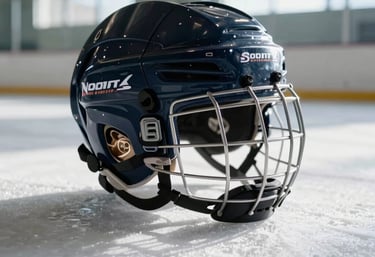 Close-up photography of professional hockey equipment including a dark navy helmet and protective gloves resting on a pristine white ice rink surface. Soft, natural light from arena windows filters in, creating a professional and athletic mood appropriate for a North American / US Southern university.