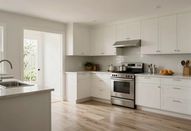A wide-angle photograph of a pristine, brightly lit North American / US kitchen, showcasing a clean and pest-free living space with soft off-white and muted sage tones.