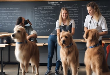 A cozy classroom setting with attentive students learning pet grooming techniques.