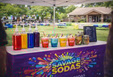 Savage Sodas booth at a community event with colorful drinks displayed