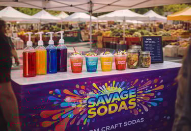 Savage Sodas booth at a farmers market with colorful drinks and syrups displayed