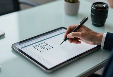 A professional desk setup featuring a digital tablet with property management charts and data, in a clean South American office, soft sunlight, deep blue and light teal theme.