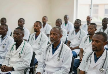 A group of healthcare professionals attending a capacity-building workshop in a modern East African / Ethiopian medical facility, conveying growth.