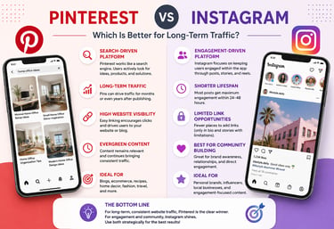 Infographic comparing Pinterest vs Instagram for long-term traffic and social media marketing strategy.