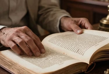 Close-up photography of a person's hands delicately turning the pages of an antique art manuscript. The setting is a warm, sunlit study in a South American estate. Soft focus background with tones of taupe and dark brown.