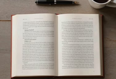 A top-down view of an open art history book on a taupe wooden table, with a fountain pen and a cup of coffee, creating a studious atmosphere.