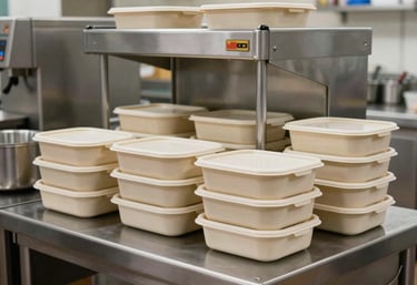 An organized, clean food preparation area showing modern stainless steel equipment and stacks of elegant beige containers. Professional atmosphere. Latinoamericano setting.