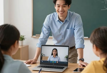A friendly tutor engaging with students through a live online session.