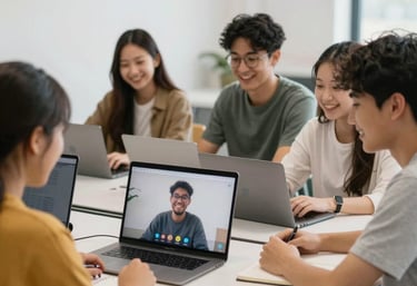 A diverse group of students engaged in an interactive online class, smiling and collaborating through their devices.