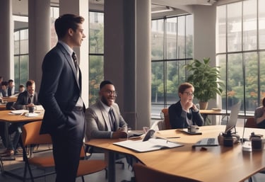Professional business team collaborating in a modern open-plan office with natural lighting.