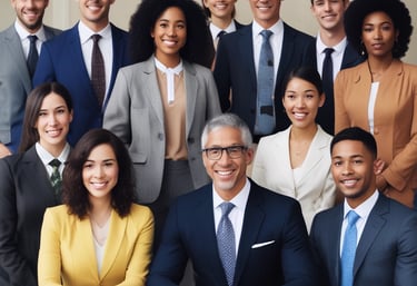 A distinguished group of lawyers in sharp suits standing confidently in front of a grand courthouse.