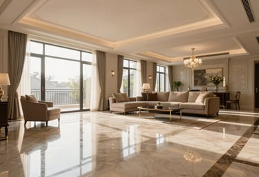 A wide shot of a perfectly cleaned, luxurious living area with reflective floors. Soft morning light enters the room, creating a calm and reassuring atmosphere.
