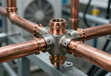 Macro photography of high-tech copper piping and professional fittings on a modern HVAC system. The aesthetic is industrial, clean, and professional.