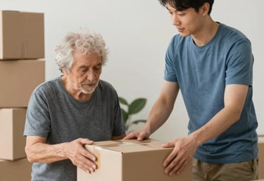 A caring helper gently assisting an elderly woman with organizing her kitchen drawers, bathed in soft natural light.