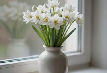 A soft focus image of white Nordic flowers in a ceramic vase on a windowsill, symbolizing purity and new beginnings.