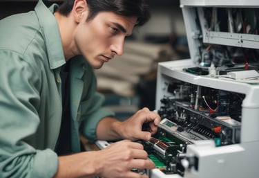Technician repairing a modern printer at a customer's home in a cozy Bogotá living room.