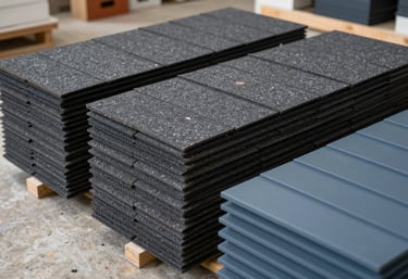 Stacked bundles of premium asphalt shingles in dark gray and slate blue siding samples on a professional worksite, clean and organized.