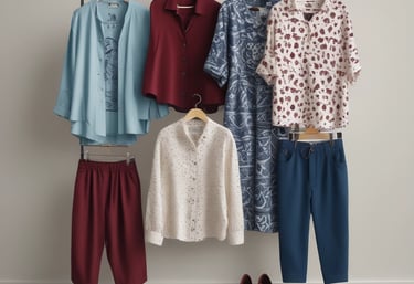A display of clothing featuring aquamarine, dark blue, and maroon designs.