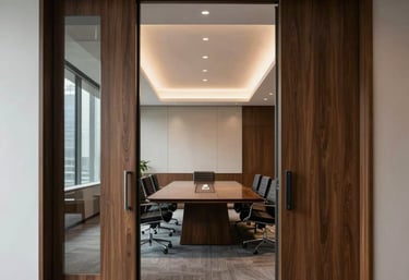 A high-end corporate boardroom in a North American skyscraper featuring elegant minimalist minimalist wood and glass doors.