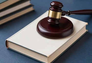 A collection of legal law books with a wooden gavel on a dark blue surface, sophisticated lighting, professional atmosphere.