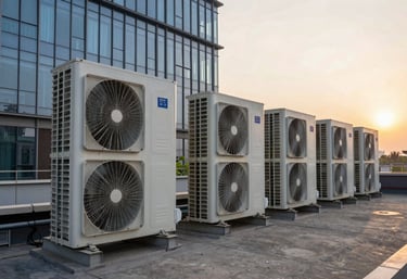 A row of large commercial HVAC outdoor chillers on the rooftop of a modern glass-facade corporate building in Noida during sunset.