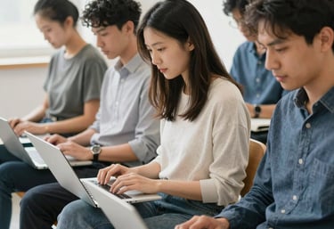 Close-up of hands typing code with a vinyl record spinning in the background.