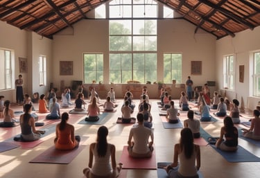 A serene outdoor yoga session led by Partheeban Kasinatahan amidst Tiruvannamalai's natural landscape.