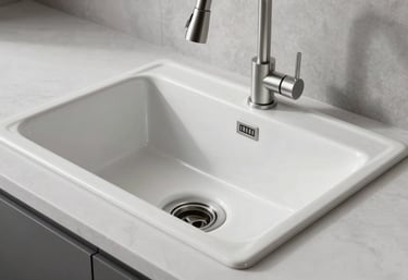A photograph of a modern, clean kitchen sink that has been perfectly reglazed, reflecting the bright studio lighting in a New York City loft.