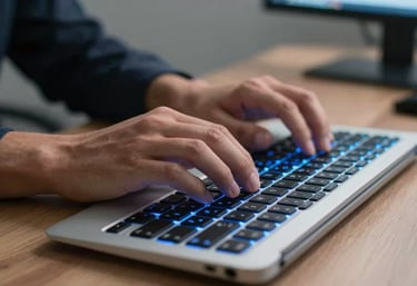 Close-up photography of a professional's hands typing on a modern, high-quality backlit keyboard in a quiet North American office. The focus is sharp on the keys, with a professional blue glow emanating from the desk setup.