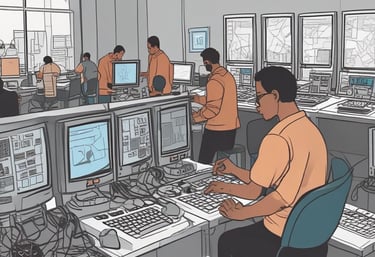 A professional technician repairing a computer with tools in a modern workspace.