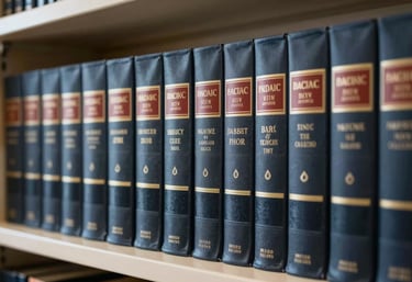 A collection of legal law books bound in dark leather with sky blue tabs on a shelf in a modern North American / US / California library.