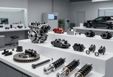 Close-up of luxury car parts arranged neatly on a sleek black surface.