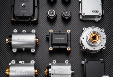 Close-up of premium car parts arranged neatly on a sleek black surface.