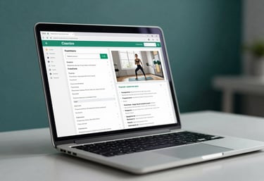 A modern laptop on a desk showing a high-definition medical chart and exercise plan, soft teal and deep green color palette in the background.