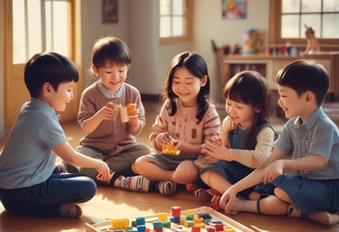 A group of young children engaged in playful learning activities in a bright classroom.