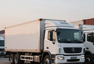 Fila de camiones de transporte logístico blancos y limpios estacionados en un muelle de carga al amanecer en Latinoamérica, orden y profesionalismo.