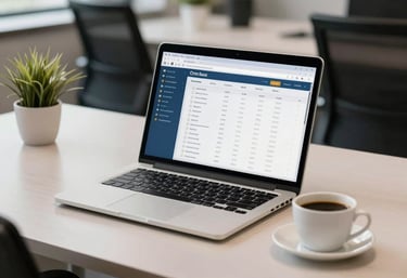 A clean, modern office desk in a Brazilian corporate setting featuring a laptop showing a CRM dashboard and a cup of coffee. The atmosphere is professional and organized.