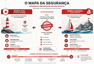 Infográfico compara renda fixa e renda variável, mostrando segurança, risco controlado e potencial de rentabilidade.