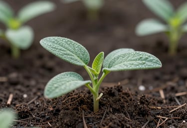 Close-up photography of a young seedling sprout emerging from dark rich soil. Soft focus background of a garden. Natural lighting, vibrant sage green leaves, symbolizing growth.