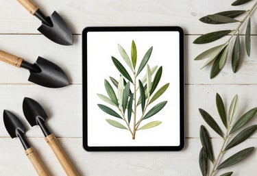 An aesthetic flat-lay of gardening tools, a digital tablet showing a botanical illustration, and fresh olive green leaves on an off-white wooden surface.
