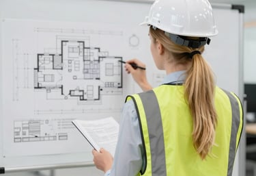 A professional architect reviewing blueprints on a wooden desk with a golden lamp beside.