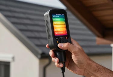 A professional thermal imaging camera showing high thermal efficiency and heat retention in a Hispanic / Latin American home attic, modern technical style.