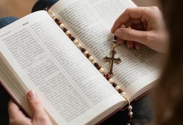 A focused woman engaged in an online doctrinal course with a Bible and notes, bathed in natural light.