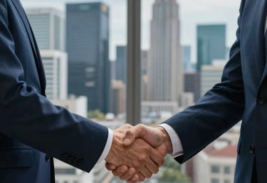 A handshake between two professionals in front of a window overlooking a Western European financial district. Symbols of trust and successful partnership, professional lighting, deep blue and mid blue palette.
