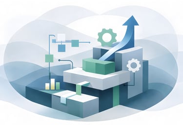 Abstract visualization of interconnected business components flowing smoothly, with elements rising 
