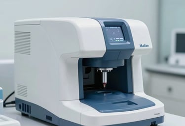 A modern automated blood analyzer machine in a bright clinic. The machine has light blue highlights that match the corporate palette, set in a professional Malian medical context.